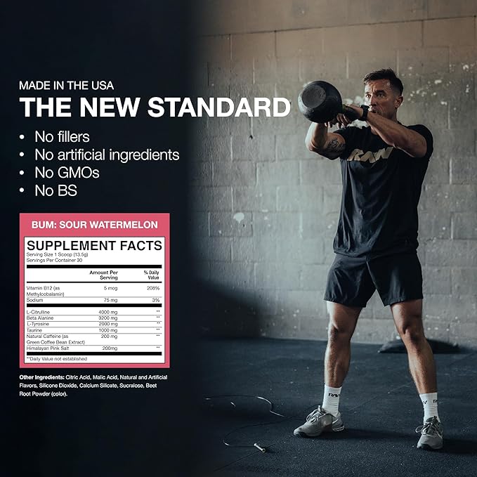 RAW Essential Pre-Workout Powder (Sour Watermelon) - Chris Bumstead Sports Nutrition Supplement for Men & Women Preworkout Energy with Caffeine, L-Citrulline, L-Tyrosine, Beta Alanine Blend