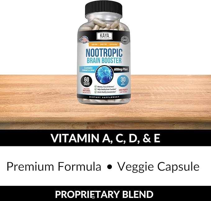 Kaya Naturals - Nootropic Brain Booster - for Memory & Focus - Brain Support Supplement - Focus & Concentration & Learning Accuracy - Cognitive Function - 60 Count