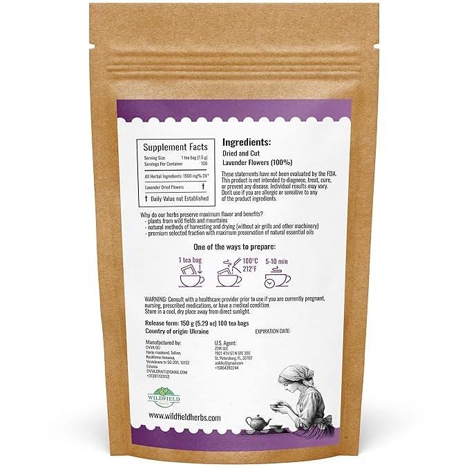 100 Bags Lavender Herb Lavender Buds Herbal Tea (Lavandula Angustifolia) - 100 Count 1.5g Bags Flowers Dried Tea Flores De Lavanda