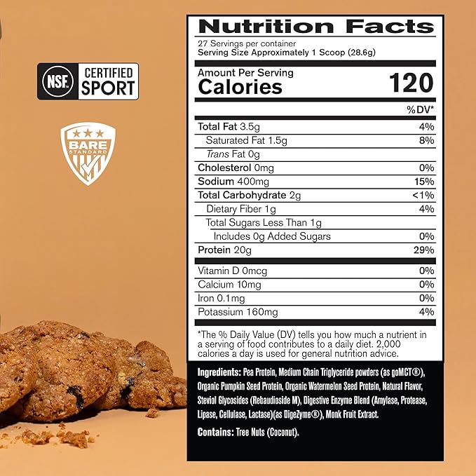 Bare Performance Nutrition, Vegan Protein, Plant Based Protein, Pea Protein, Watermelon Protein and Pumpkin Protein, Naturally Sweetened and Flavored, 27 Servings, Oatmeal Cookie