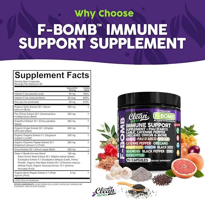 Organic Immune Support with PAU D'Arco Garlic Cayenne Pepper Oregano Ginger Grapefruit Onion Black Seed Sea Moss Black Pepper Zinc Eucalyptus Vitamin C Vitamin D Organic Soursop by Clean Nutra