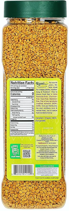 Rani Organic Fenugreek (Methi) Seeds Whole 25oz (1.56lbs) 708g PET Jar, Trigonella Foenum Graecum ~ All Natural | Vegan | Gluten Friendly | NON-GMO | Indian Origin | USDA Certified Organic