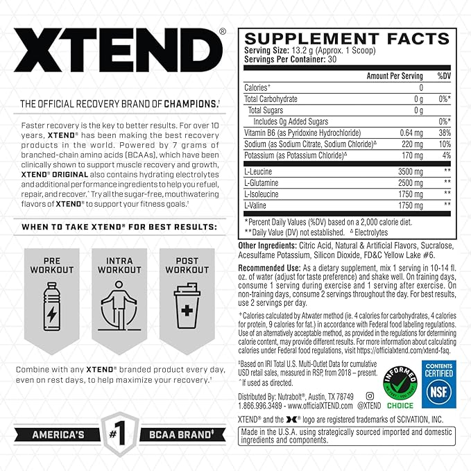 Original BCAA Powder 7g BCAA and 2.5g L-Glutamine, Sugar Free Post Workout Muscle Recovery Drink with Amino Acids for Men & Women, 30 Servings