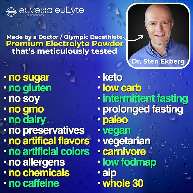 euLyte Electrolytes Powder No Sugar (90 Serv) Sodium Calcium Potassium Magnesium Trace Minerals Zinc Manganese Zero Sugar Free Hydration Drink Keto Fasting by Dr Sten Ekberg