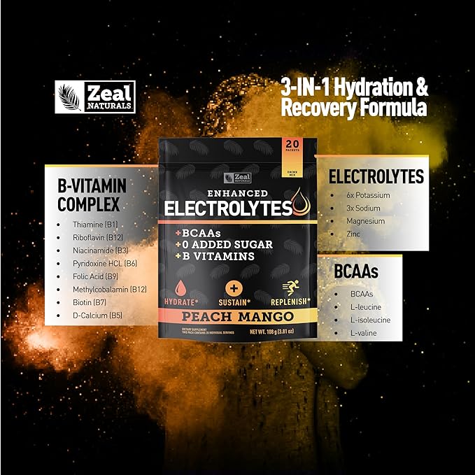 Enhanced Electrolyte Powder (Peach Mango 20pk.) w 0 Sugar +BCAAs +B-Vitamins Electrolyte Supplement w Potassium Zinc & Magnesium for Hydration - Keto Electrolytes