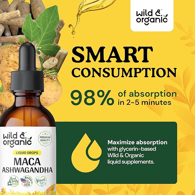 Wild & Organic Maca Ashwagandha Drops for Men and Women - Peruvian Maca Root and Ashwagandha Tincture for Overall Support - Vegan, Sugar & Alcohol-Free Extract Supplement - 2 fl oz