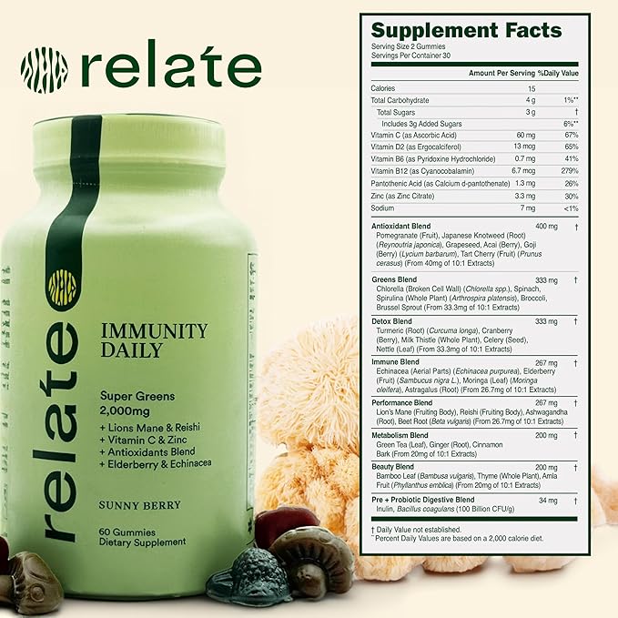 relate Immunity Daily Gummies - Super Greens, Lion's Mane & Reishi, Vitamin C & Zinc, Antioxidant Blend with Elderberry & Echinacea - Sunny Berry Flavor, 60 Count