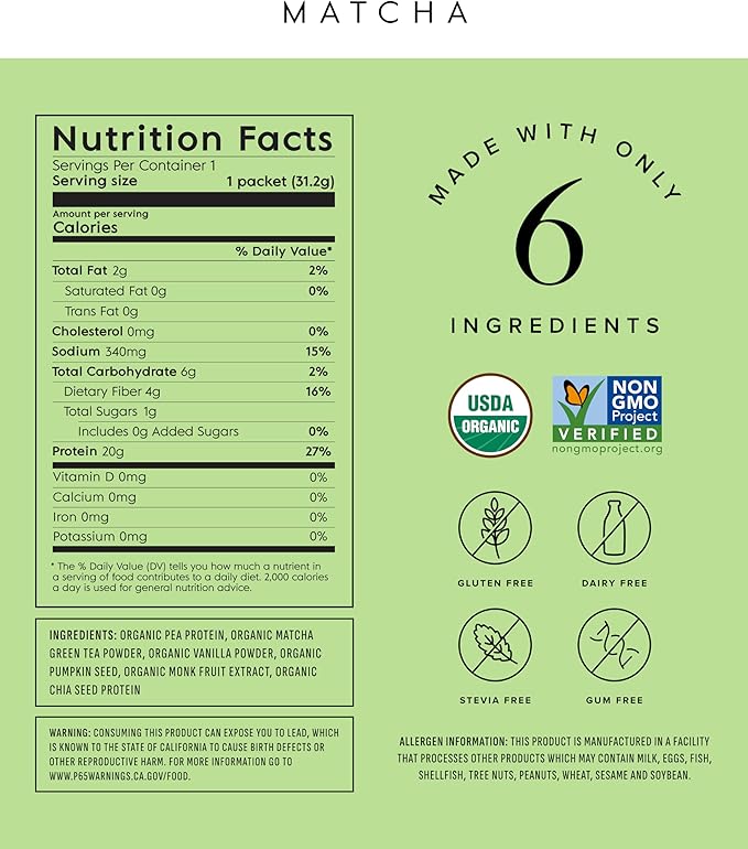 Truvani Vegan Pea Protein Powder | Matcha | 20g Organic Plant Based Protein | 10 Travel Packets | Keto | Gluten & Dairy Free | Low Carb | No Added Sugar
