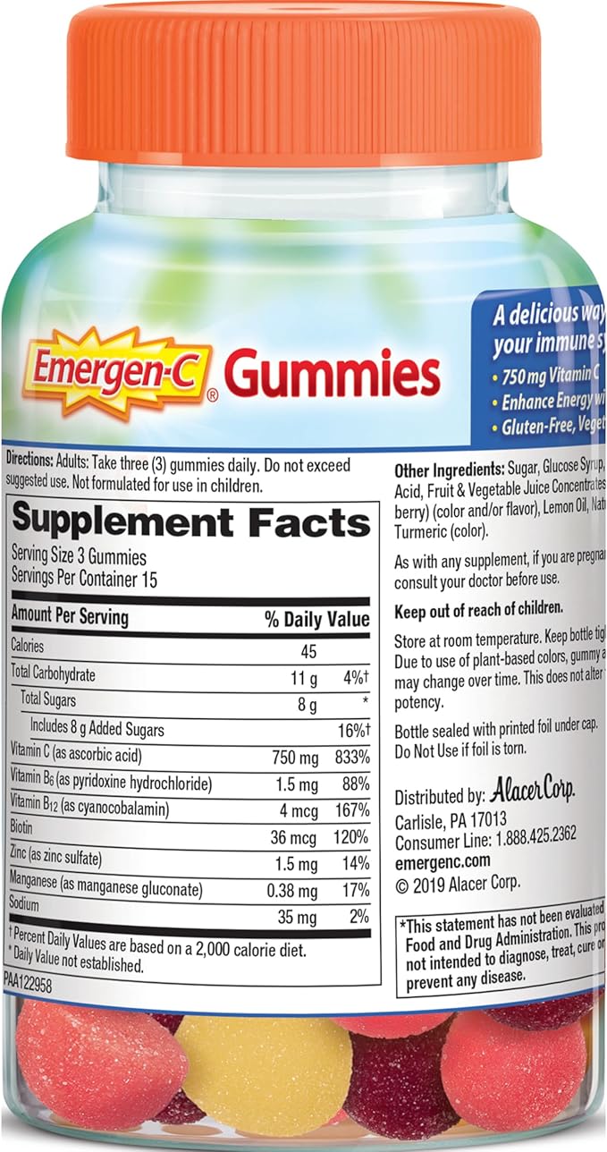 Emergen-C 750mg Vitamin C Gummies for Adults, Immune Support Gummies, Gluten Free, Strawberry, Lemon and Blueberry Flavors - 45 Count