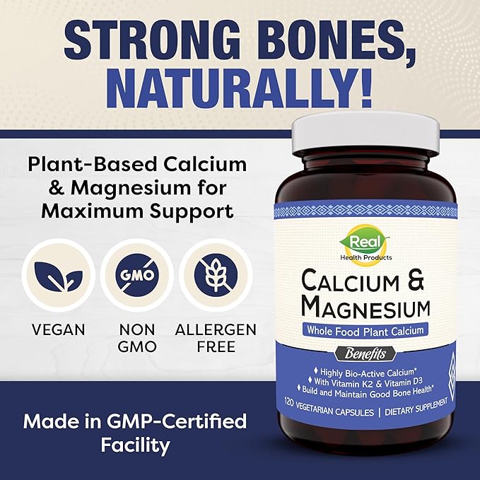 Plant-Based Calcium Magnesium Supplement with Boron, Vitamin D3 & K2 MK-7 - Optimal Calcium-Magnesium Ratio for Bone Strength and Health, Vegan, Non-GMO, Allergen-Free, 120 Capsules