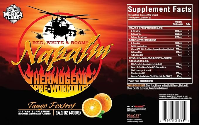 'Merica Labz Red White & Boom Napalm Thermogenic Pre-Workout with 3 Patented Ingredients, Nootropics+350mg Caffeine, 20 Servings (Tango Foxtot, 380g)