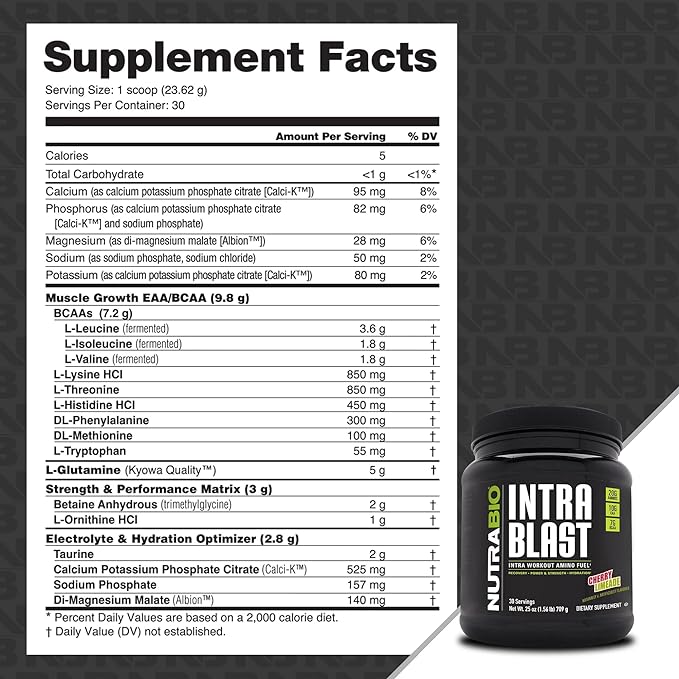 NutraBio Intra Blast Bcaa Powder Amino Acid Supplement, Electrolyte & Hydration Blend, Intra, Pre Workout & Muscle Recovery, 20g Eaa Amino Acids Powder, 5g Glutamine- Cherry Limeade, 30 Serving