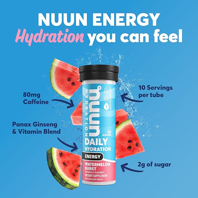 Nuun Energy Electrolyte Tablets with Ginseng, Caffeine from Green Tea Extract, Vitamin B12, B6, B5, Magnesium & 4 Other Electrolytes, Gluten Free & Vegan, Watermelon Burst, 8 Pack (80 Servings Total)