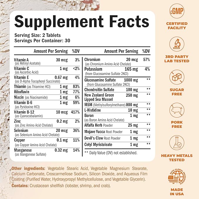 Glucosamine Chondroitin MSM Joint Support Supplement with Glucosamine Sulfate 1000 mg Plus 15 Nourishing Joint Complex Vitamins - Premium Joint Health MSM Supplement for Women and Men - 60 Tablets