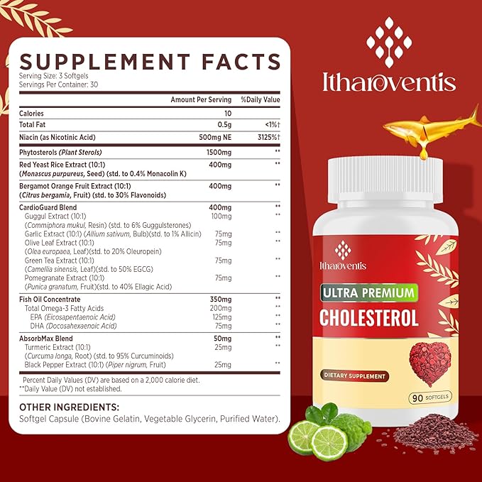 Cholesterol Supplements with Plant Sterols, Niacin, Red Yeast Rice, Bergamot, Omega-3 & Garlic - Max Absorption - 90 Softgels