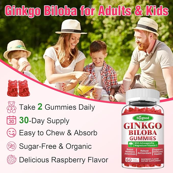 Ginkgo Biloba Gummies with Panax Ginseng and Magnesium, Ginkgo Biloba Supplements for Focus, Memory, and Brain Health for Adults & Kids, Vegan Raspberry Flavor Gummies, 60 Count