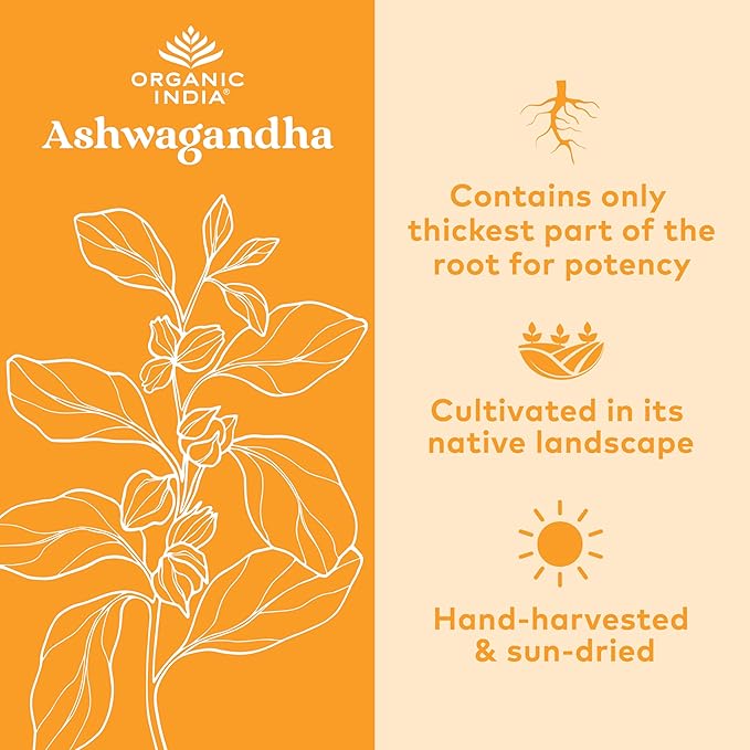 ORGANIC INDIA Ashwagandha Herbal Supplement - Stress Response Support, Vegan, Gluten-Free, Kosher, USDA Certified Organic, Non-GMO, Supports Mood, Endurance, Vitality & Strength - 180 Capsules
