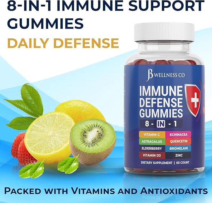 8 in 1 Immune Defense Booster Supplement Gummies with Astragalus Root, Vitamin C and Zinc, Vitamin D3, Elderberry and Quercetin (2 Pack)