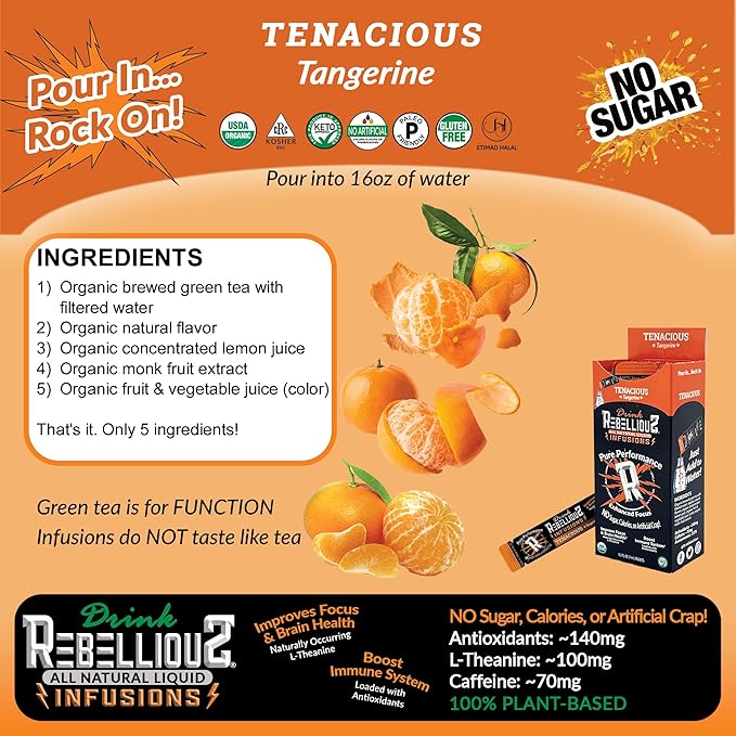 Tenacious Tangerine Organic Energy Drink Mix – No Sugar, Loaded with Antioxidants, L-Theanine, and Natural Caffeine – 10 Count