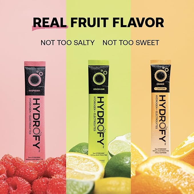 Hydrofy Hydrogen Water + Electrolytes Drink Mix - Variety Pack | Hydration Packets with Molecular Hydrogen (H2), Sodium, Potassium, Magnesium | Lemon Lime, Raspberry, Orange + Caffeine | 12 Count