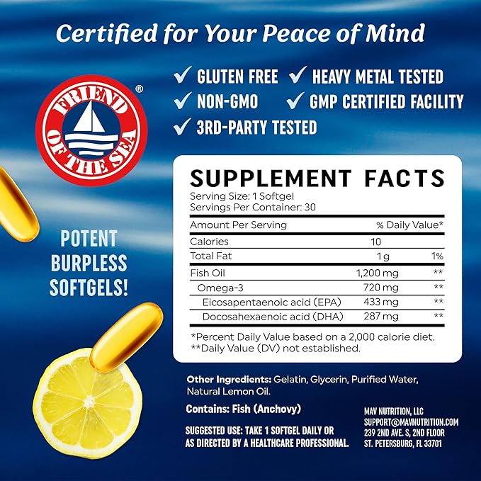 Triple Strength Omega 3 Fish Oil 1200 mg | EPA & DHA | Wild Caught, Sustainably Sourced Omega-3 Fatty Acids | Premium Burpless Fish Oil Supplements | Non-GMO, Third-Party Tested | 30 Softgels