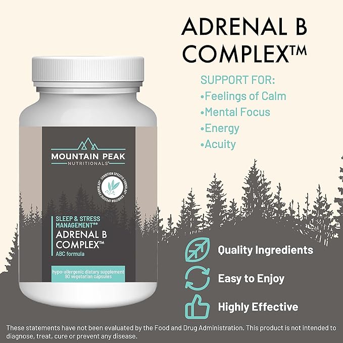 Mountain Peak Nutritionals Adrenal B Complex - Supports Endocrine & Nervous System Functions - Complete w/Vitamin B, Vitamin C & Adaptogens - Hypoallergenic Dietary Supplement(90 Vegetarian Capsules)