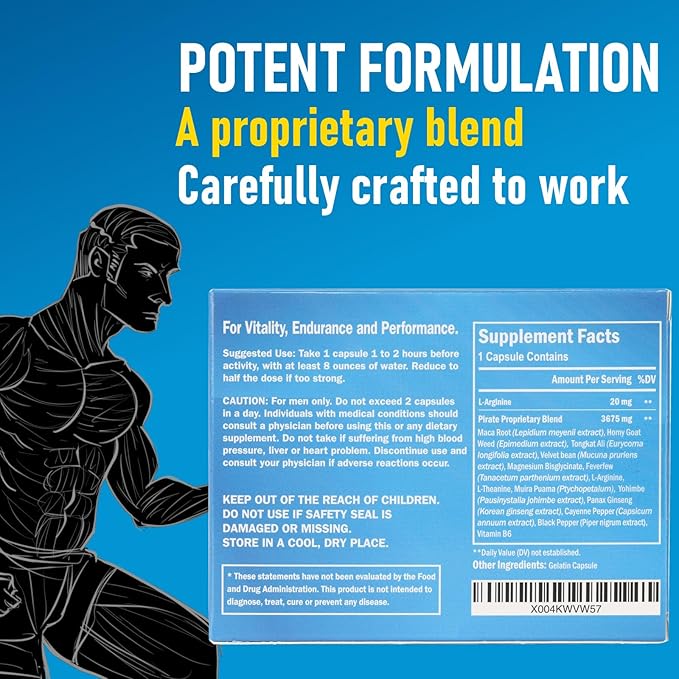 Pirate Herbal Male Supplement for Men – Fast Acting Energy & Stamina Booster with Horny Goat Weed, Maca Root, Tongkat Ali, Muira Puama & Vitamin B6 – Supports Endurance, Performance & Vitality