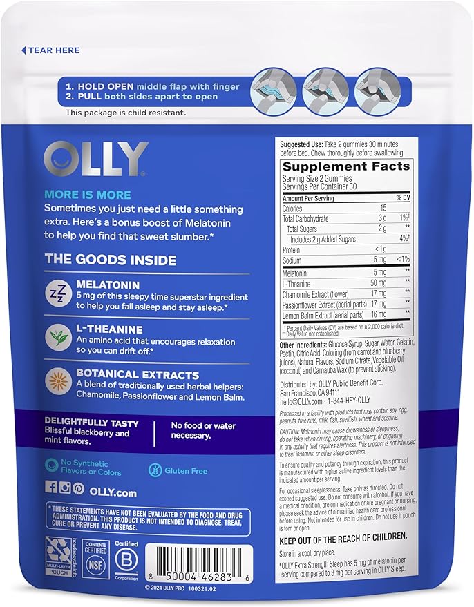 OLLY Extra Strength Sleep, 5 mg Melatonin L-Theanine, Chamomile and Botanicals - 60ct Pouch