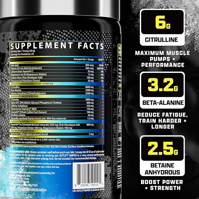 OUTLIFT Amped Max Dosed HIGH STIM Pre Workout Powder, 6G Citrulline, 3.2G Beta Alanine, Alpha GPC, CognatiQ, Extreme Energy, Massive Pumps, Electrolytes, Nootropics Blueberry Lemonade - 22 Serv