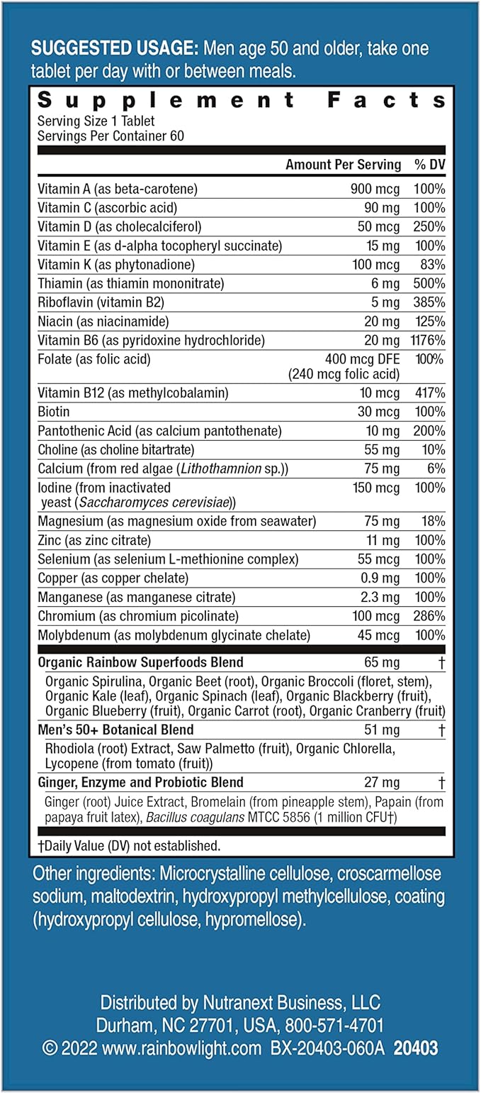 Rainbow Light Multivitamin for Men 50+, Vitamin C, D & Zinc, Probiotics, Men's One 50+ Multivitamin Provides High Potency Immune Support, Non-GMO, Vegetarian, 60 Tablets