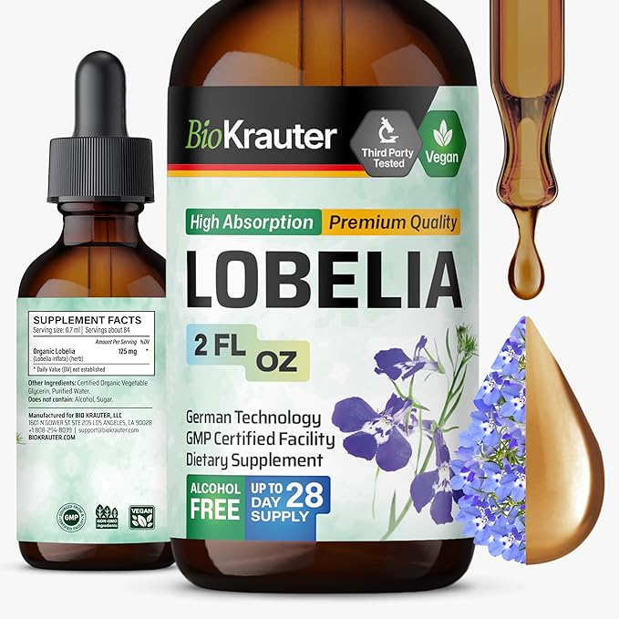 BIO KRAUTER Lobelia Tincture - Vegan Lobelia Extract - Alcohol & Sugar Free Respiratory Support Supplement - 2 Fl.Oz.