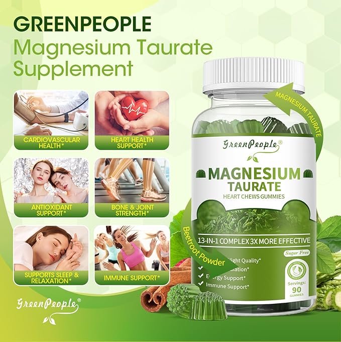 Magnesium Taurate Gummies, 13-in-1 Complex - Beetroot, Alpha Lipoic Acid, Cinnamon, Heart Support, Good Sleep, Sugar Free, High Absorption Magnesium Supplement, Matcha Flavor, 90 Gummies