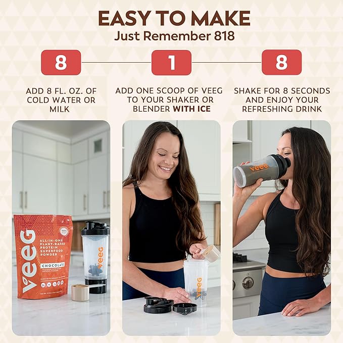 Veeg All in One Protein Smoothie Powder – Chocolate Protein Powder, Vegan Collagen, Greens Superfood Powder, MCT Oil Organic, Multivitamin, Sugar Free, Meal Replacement, Digestive Enzymes,15 Servings