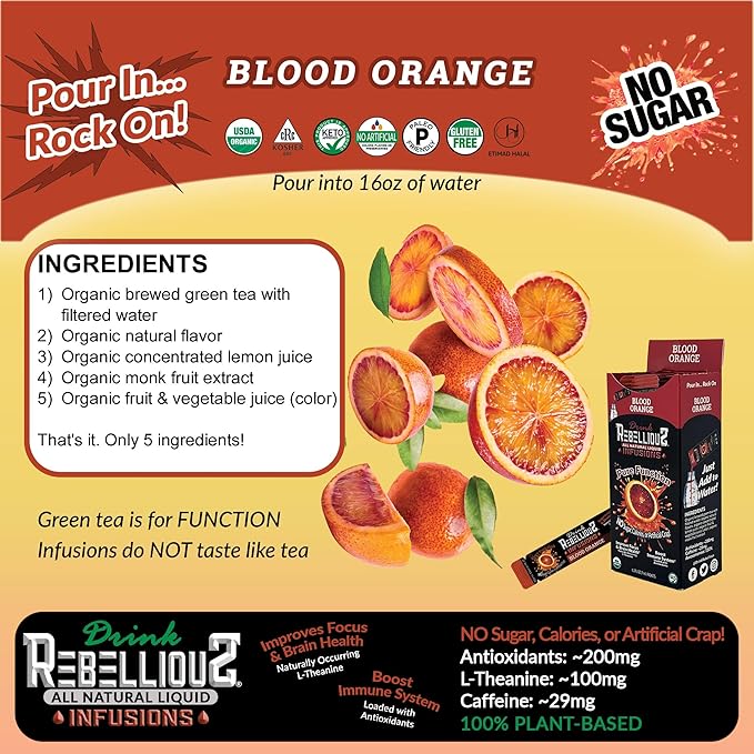 Blood 0range 0 Calorie Organic Drink Mix – Sugar Free, Loaded with Antioxidants, L-Theanine, and Natural Caffeine – 10 Count