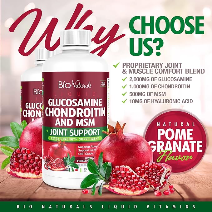 Bio Naturals Liquid Glucosamine Chondroitin MSM Pharmaceutical Grade Supplement with Hyaluronic Acid – Maximum Strength Joint Support - 32 fl oz