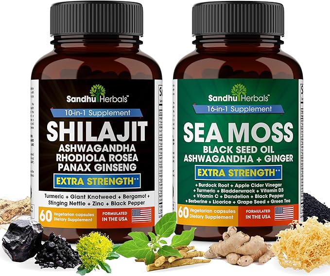 Shilajit Sea Moss Ashwagandha Combo Bundle - Black Seed Oil, Turmeric, Rhodiola Rosea, Panax, Ginseng Supplement | 120 Capsules, Better Than Gummies, Resin | Seamoss for Men & Women