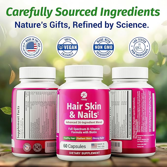 1 Body Hair Skin and Nails Vitamins with Biotin – Contains 26 Vitamins, Minerals and Herb Extracts – Hair and Nail Growth, Glowing Skin Supplements Formula for Men and Women – 60 Vegan Capsules