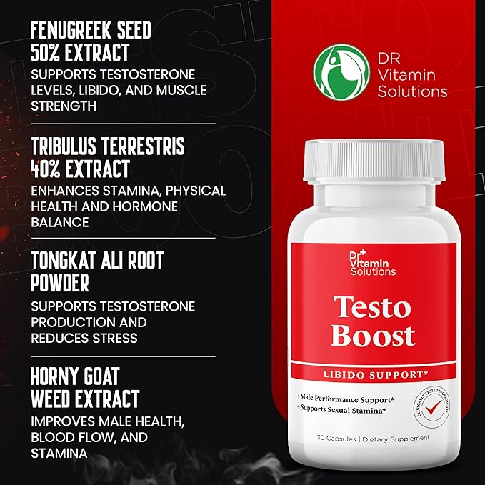DR VITAMIN SOLUTIONS Testo Boost Supplement for Men - Stamina, Endurance & Energy Enhancement - Male Testosterone Booster w/Fenugreek, Tribulus, Tongkat Ali, Horny Goat Weed - 30 Capsules