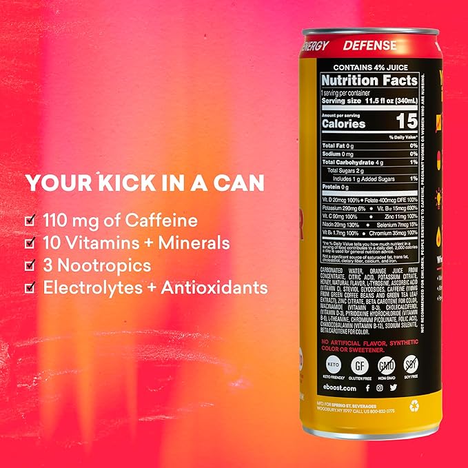 EBOOST Super Fuel Clean Energy Drink - Orange Mango - 12 Pack x 11.5 Fl Oz - Natural Caffeine from Coffee and Green Tea - Essential Electrolytes, Nootropics, and Vitamins - Sports Preworkout Drink