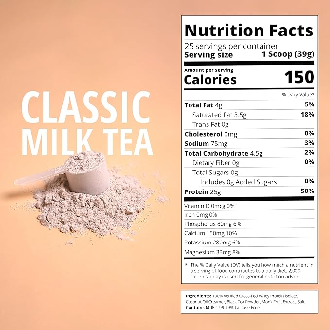 Boba Tea Protein Classic Milk Tea | 25g Grass-Fed Whey Protein Isolate Powder | Gluten-Free & Soy-Free Bubble Tea Protein Drink | Real Ingredients & Lactose-Free Protein Drink | 25 Servings