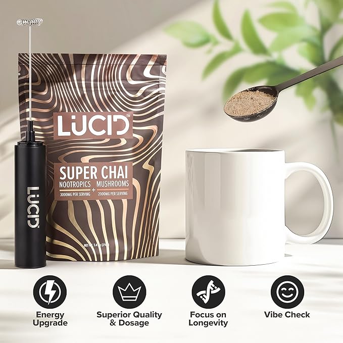 Lucid Superfood Organic Mushroom Chai with Nootropics - Lion's Mane, Tremella, Cordyceps & Turkey Tail - Instant Mushroom Chai Focus Brain Health - Alpha GPC, L-Theanine, Ginko Biloba - USA Made