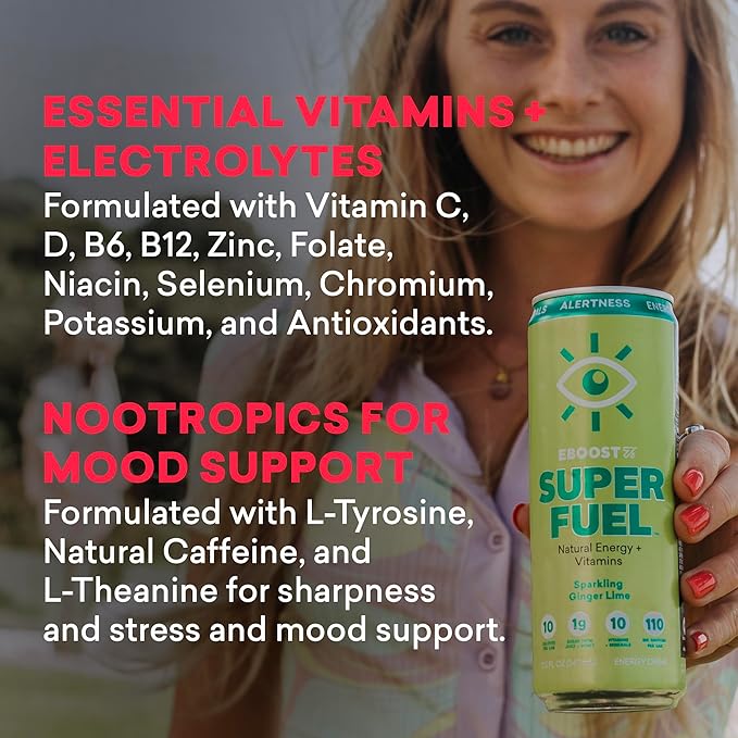 EBOOST Super Fuel Clean Energy Drink - Orange Mango - 12 Pack x 11.5 Fl Oz - Natural Caffeine from Coffee and Green Tea - Essential Electrolytes, Nootropics, and Vitamins - Sports Preworkout Drink