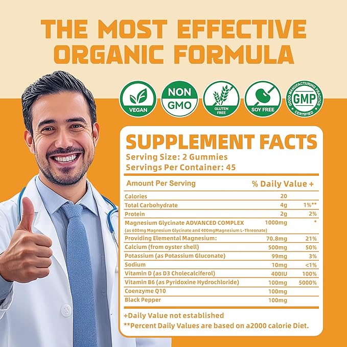 90 CT Magnesium Glycinate Gummies 1000mg - Sugar Free Magnesium Potassium Supplement with Vitamin D, B6, CoQ10 for Calm Mood & Sleep Support - 90 Orange Gummies.