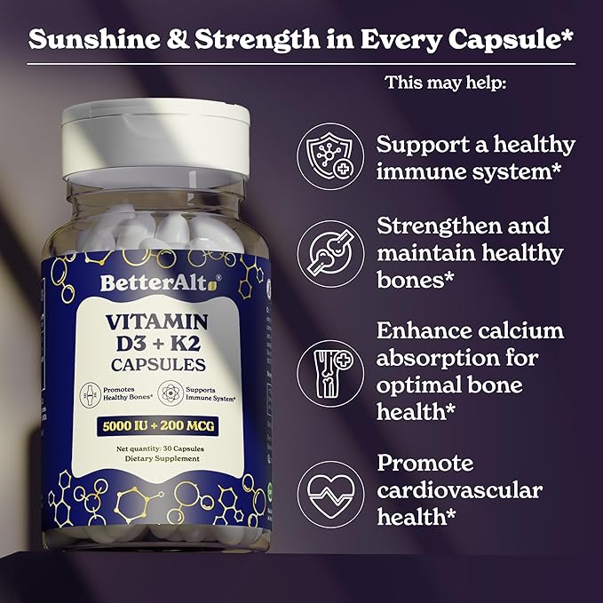 Vitamin D3 + K2 Capsules | 5000 IU Vitamin D3, 200 mcg Vitamin K2 | Helps Promote Bone Strength | 1-Month Dietary Supplement