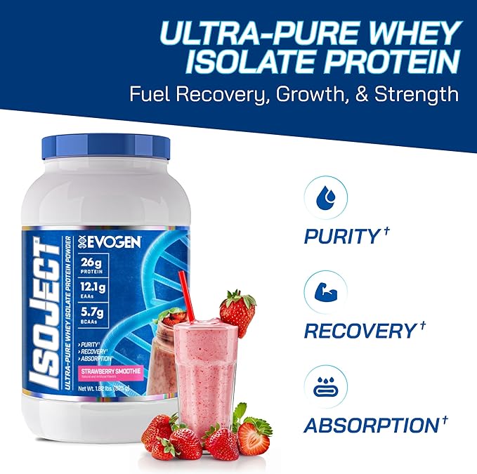 Evogen Isoject - Whey Protein Isolate | Ultra-Pure Whey Protein Powder with Ignitor Enzymes, BCAAs, and EAAs | Enhanced Absorption & Recovery | Strawberry Smoothie | 25 Servings