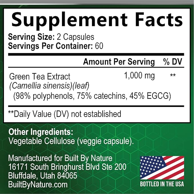 Green Tea Extract Pills - Powerful Antioxidant Supplement - 98% Standardized EGCG 1000mg for Natural Energy with Polyphenols - Gentle Caffeine - 120 Capsules