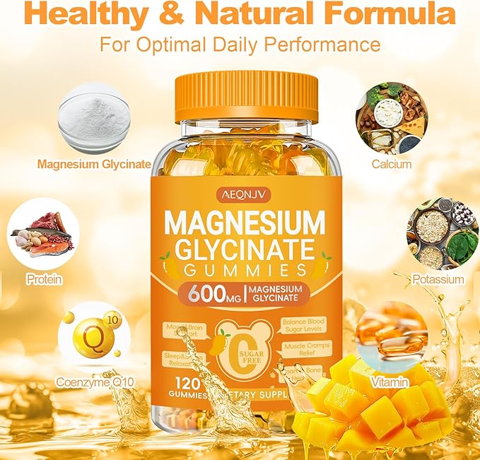 Magnesium Glycinate Gummies 600mg, Chewable Sugar Free Potassium Magnesium Gummies with Magnesium Glycinate, Vitamin D, B6 and CoQ10 for Sleep, Relaxation, Brain & Muscle, 120 Count
