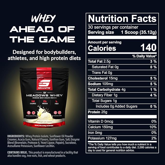 Granite Supplements The Meadows Whey Protein Isolate Protein Powder for Lean Muscle with 150 Calories, 2g Fiber, 1g Sugar (30 Servings), Vanilla Ice Cream Flavor