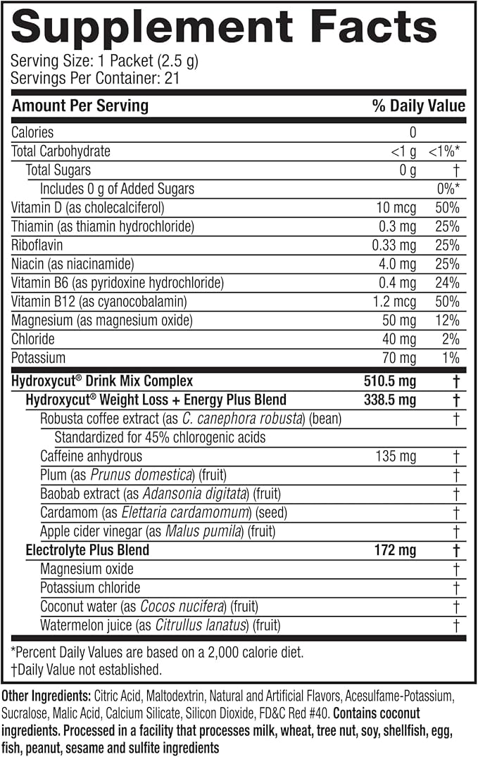 Hydroxycut Drink Mix, Wildberry Blast - 21 Travel-Size Packets - Zero Calories, Zero Sugar - Boost Metabolism, Burn Calories, Increase Energy - for Women & Men