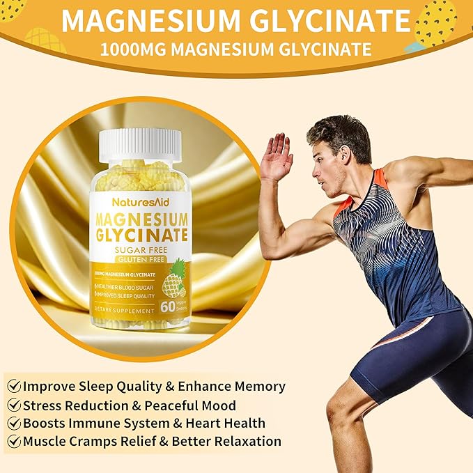 Magnesium Glycinate Gummies 1000mg - Sugar Free Magnesium Potassium Supplement with Vitamin D, B6, CoQ10 for Calm Mood & Sleep Support - 120 Pineapple Gummies -2 Pack